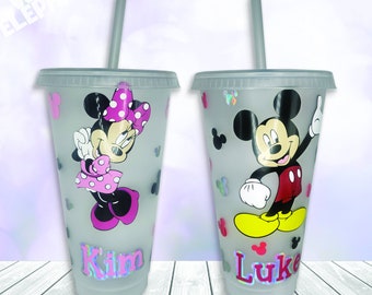 Personalised Disney Minnie and Mickey Mouse Inspired 24oz Reusable Plastic Tumbler Cup & Straw Set