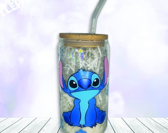 Disney Stitch Inspired 16oz Reusable Glass Cup, Bamboo Lid & Glass Straw