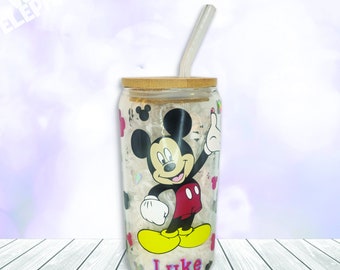 Personalised Disney Mickey Mouse Inspired 16oz Reusable Glass Cup, Bamboo Lid & Glass Straw