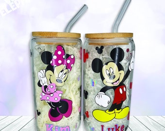 Personalised Disney Minnie and Mickey Mouse Inspired 16oz Reusable Glass Cup, Bamboo Lid & Glass Straw Set