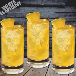 Sugar Skull 3 Laser Etched Whiskey / High-Ball / Pint Glass Gift Set High Ball - 200ml