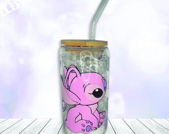 Disney Angel Inspired 16oz Reusable Glass Cup, Bamboo Lid & Glass Straw