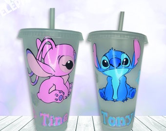 Personalised Disney Stitch and Angel Inspired 24oz Reusable Plastic Tumbler Cup & Straw Set