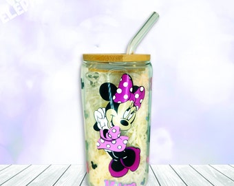 Personalised Disney Minnie Mouse Inspired 16oz Reusable Glass Cup, Bamboo Lid & Glass Straw