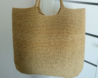 Raffia Strandtasche – Handgemacht gehäkelte Sommertasche – Boho Strohtasche für Urlaub, Pool oder Alltag – Leichte natürliche Handtasche