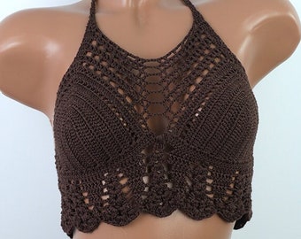 Top de bikini marrón de ganchillo, top halter de ganchillo