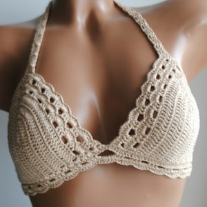 Lace crochet bikini top, crochet top camel color image 1