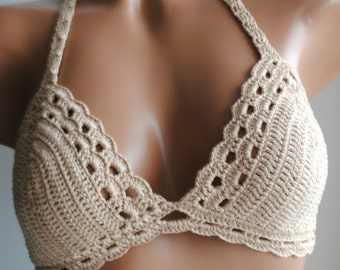 Lace crochet bikini top, crochet top camel color