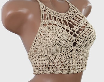 Top halter de ganchillo, Top de ganchillo color camel, Top de bikini de ganchillo