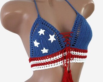 American Flag Crochet Top – 4th of July Festival Bralette, Handmade USA Bikini, Boho Halter Top for Summer Beach Party