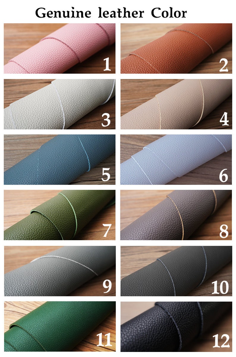 May include: Twelve samples of genuine leather in different colors. The leather is rolled up and the edges are visible. The colors are: pink, orange, light gray, beige, blue, light blue, green, gray, dark gray, dark green, and black.
