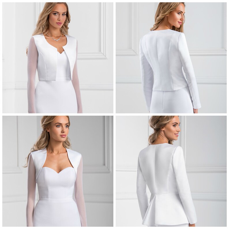 Elegant long sleeve satin bridal jacket white ivory black