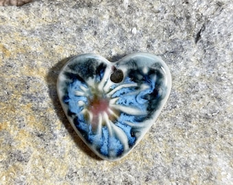 Blue heart artisan charm, handmade ceramic pendant, focal bead for jewelry making, textured valentine bead