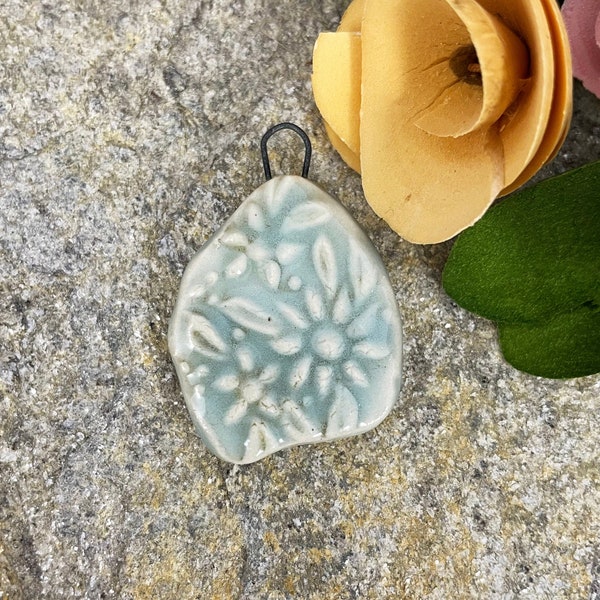 Light blue artisan pendant, handmade floral ceramic bead, artistic pendant for jewelry making, designer bead