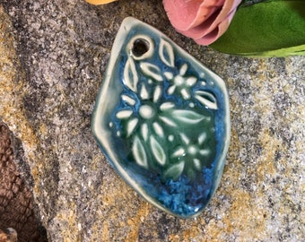 Pendant Diamond Shape, Jewelry Supply, Focal Bead, Handmade Ceramic, Blue and Green, Necklace Bead, Designer Bead