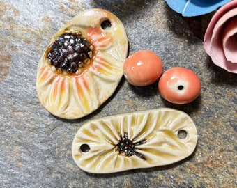 Unique artisan floral pendant with matching bracelet bar and beads, coral and cream handmade ceramic matching set for jewelry making