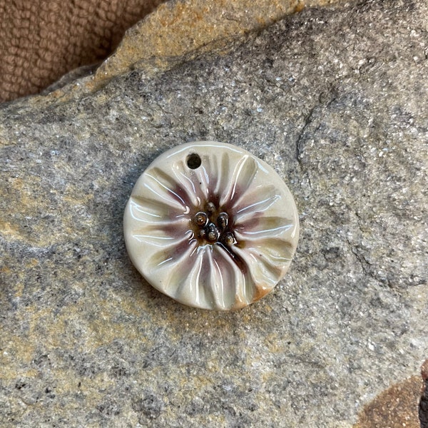 Cream and plum round pendant, handmade ceramic artisan charm, focal bead for jewelry making