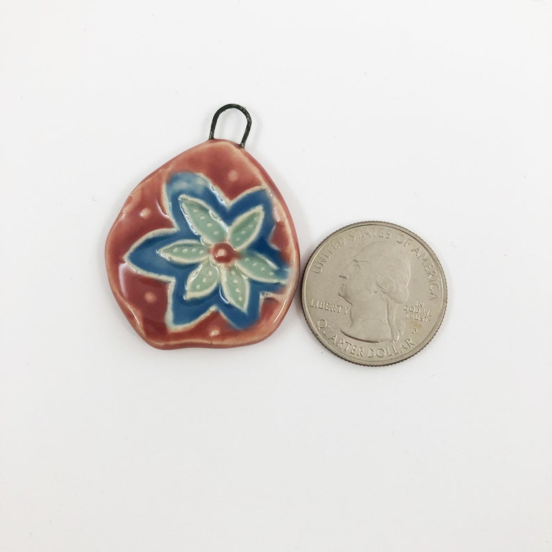 Pink and blue flower artisan charm, handmade ceramic pendant, textured bead, focal bead for jewelry making, necklace pendant image 6