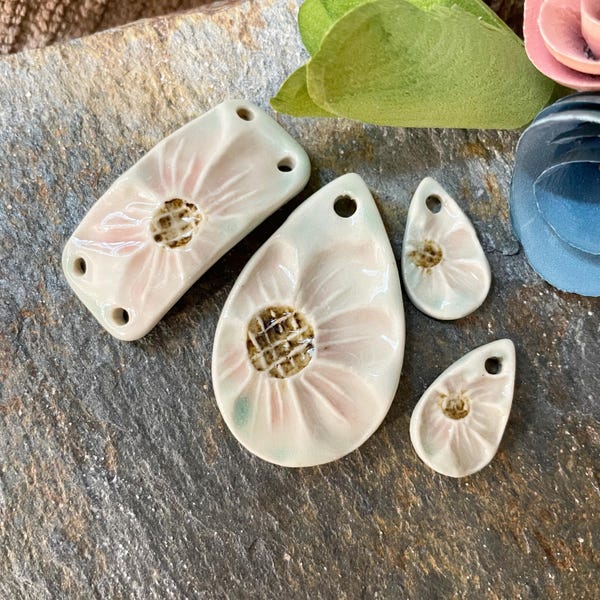 Handmade Ceramic Jewelry Set: Pastel Floral Pendant, Bracelet Bar, Earring Charms