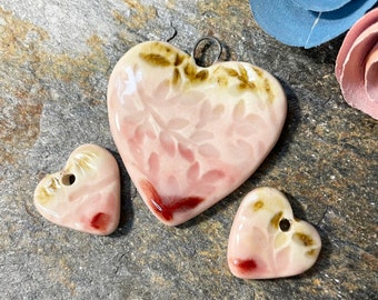 Unique artisan heart pendant with matching earring beads, Pink and cream handmade ceramic matching set of 3 for jewelry making