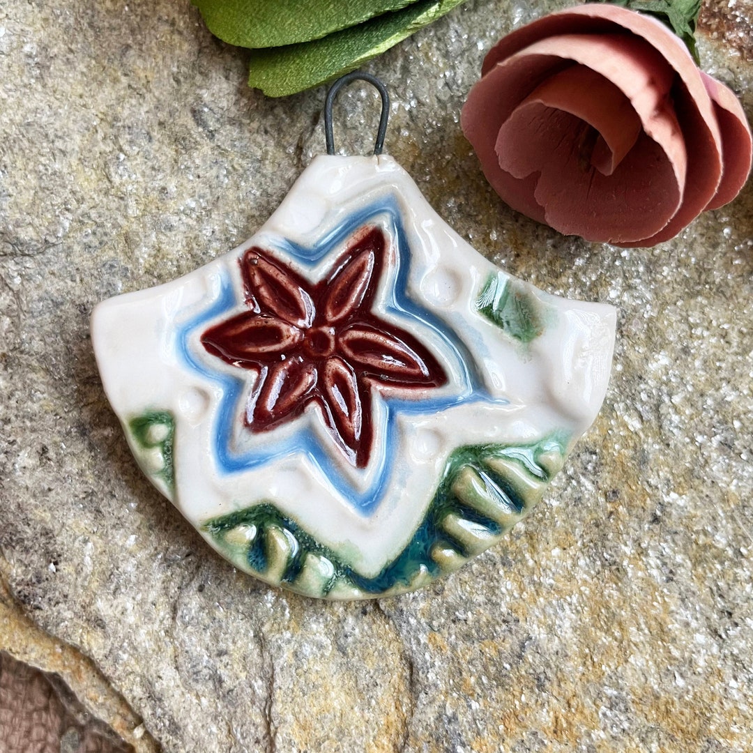 Handmade Floral Ceramic Pendant: Red, Green Artisan Charm - Etsy