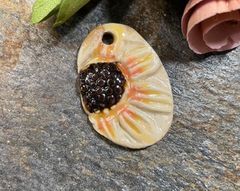 Oval floral artisan charm, handmade ceramic pendant, focal bead for jewelry making, textured necklace bead