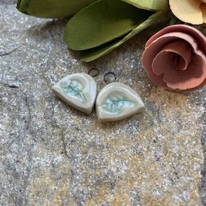 tiny ceramic artisan charm, handmade ceramic beads for jewelry making, textured leaf, set of two earring beads
