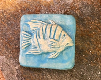 2x2 fish tile, handmade ceramic art tile, small handmade ceramic relief tile with hanging notch