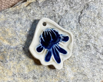 Blue and white drop artisan charm, handmade ceramic pendant, textured bead, focal bead for jewelry making, necklace pendant