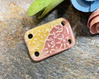 Pink and yellow rectangle artisan bracelet bar, handmade ceramic connector bead for jewelry making