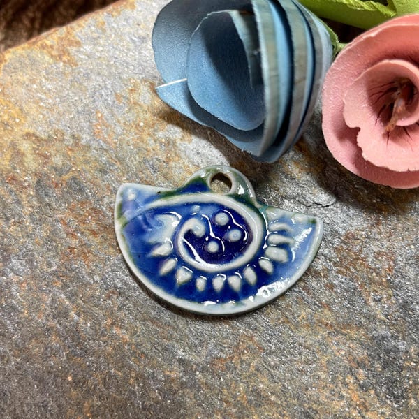 Handmade Navy Blue Ceramic Pendant: Textured Artisan Necklace Bead