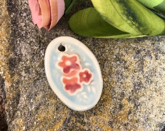 Oval Pendant with Flowers, Ceramic Charm, Handmade Ceramic, Green and Red, Boho Charm, Jewelry Supply, Earring Beads, Pendant, Focal Bead