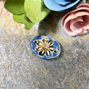 Handmade Blue Ceramic Flower Connector Bead: Artisan Jewelry Making