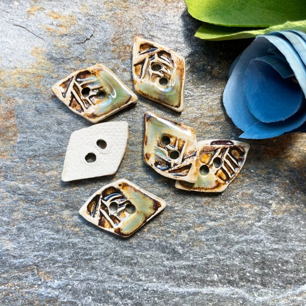 Diamond shape brown artisan buttons, handmade ceramic connectors for sewing or jewelry making