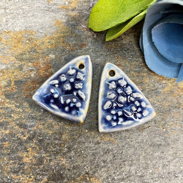 Blue triangle artisan charms, handmade ceramic beads for jewelry making, textured earring set of two