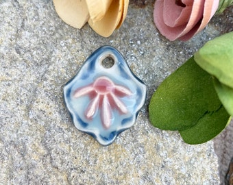 Artisan Pendant, Handmade Ceramic Bead, Blue and pink, Boho Charm, Jewelry Supply, Focal Bead, Artist Pendant, Designer Bead, necklace bead