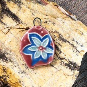 Pink and blue flower artisan charm, handmade ceramic pendant, textured bead, focal bead for jewelry making, necklace pendant image 9