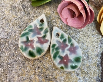 Earring Beads, Ceramic Charms, Set of 2, Handmade Ceramic, Teardrop Beads, Boho Charm, Jewelry Supply, Textured Earring Bead