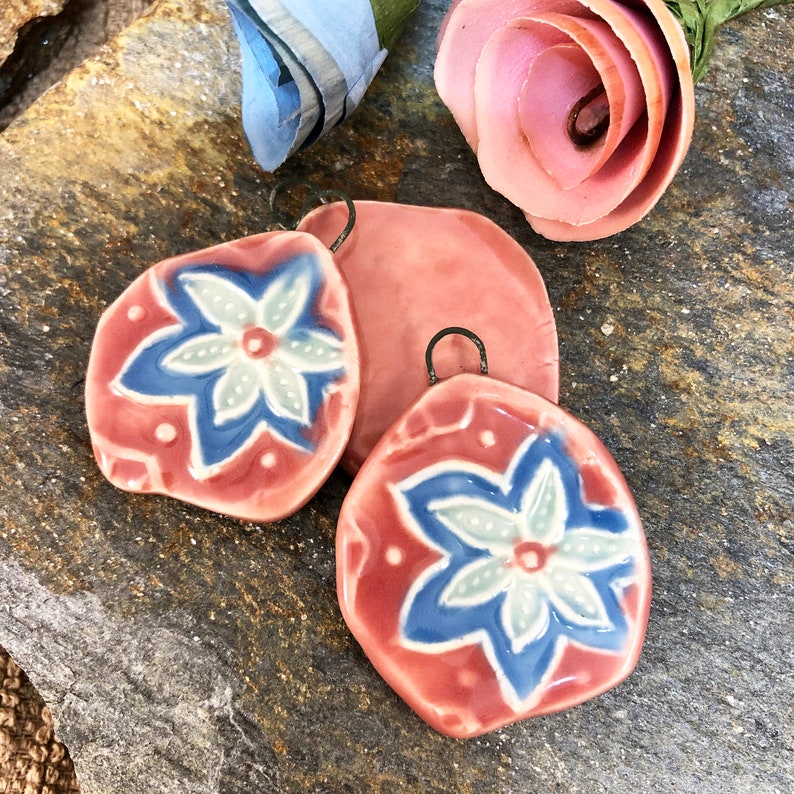 Pink and blue flower artisan charm, handmade ceramic pendant, textured bead, focal bead for jewelry making, necklace pendant image 8