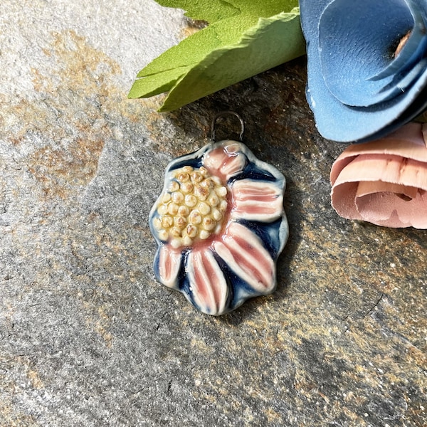 Pink and blue floral artisan charm, handmade ceramic pendant, floral focal bead for jewelry making, textured necklace bead