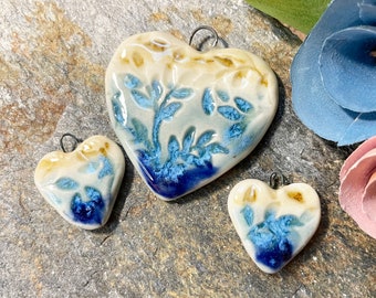 Unique artisan heart pendant with matching earring beads, blue and cream handmade ceramic matching set of 3 for jewelry making