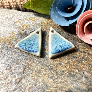 Tiny blue triangle artisan charms, handmade ceramic beads for jewelry making, glazed earring set of two