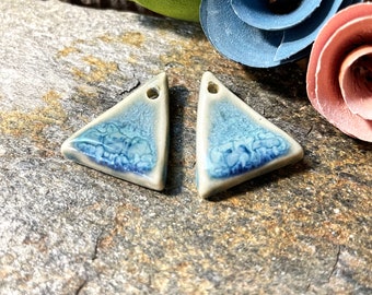 Tiny blue triangle artisan charms, handmade ceramic beads for jewelry making, glazed earring set of two