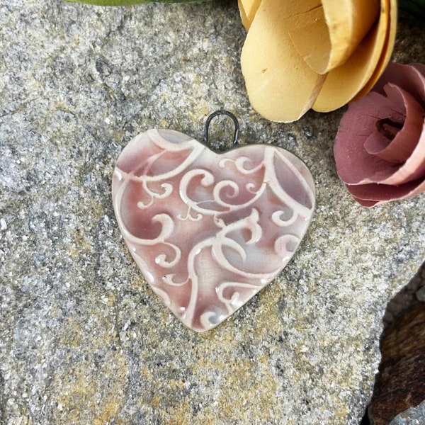 Pink heart artisan charm, handmade clay pendant, textured necklace component, bohemian jewelry finding, unique bead supply, focal bead