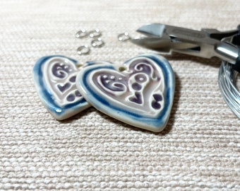 Blue and purple artisan heart pendant, handmade ceramic charm, focal bead for jewelry making, textured valentine bead