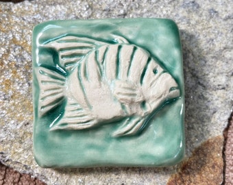 2x2 fish tile, handmade ceramic art tile, small handmade ceramic relief tile with hanging notch