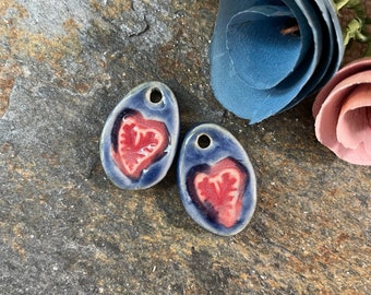 Blue and red oval heart charms, handmade ceramic beads for jewelry making, textured earring set of two