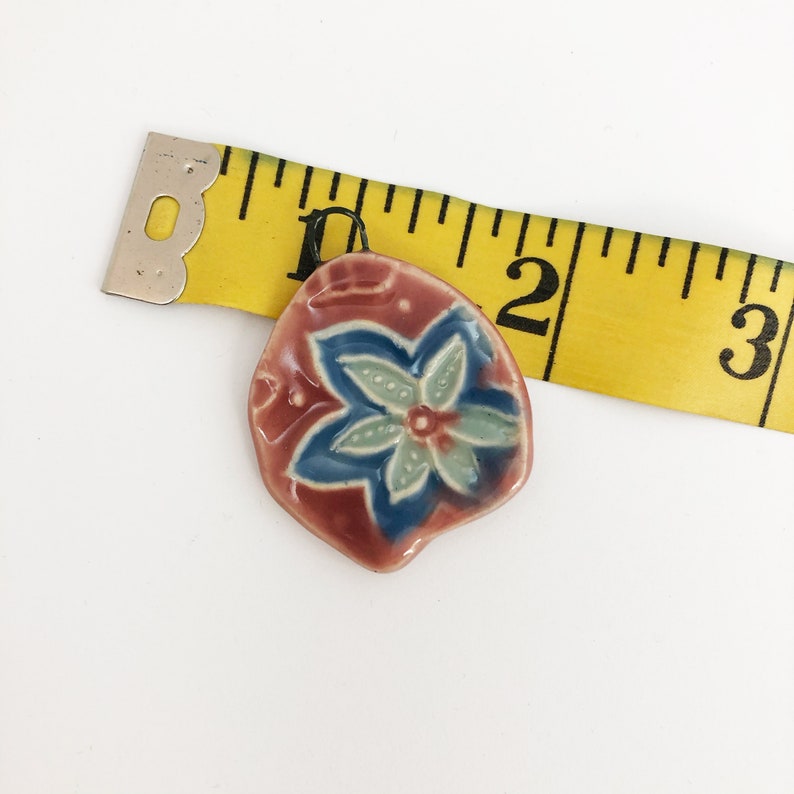 Pink and blue flower artisan charm, handmade ceramic pendant, textured bead, focal bead for jewelry making, necklace pendant image 5