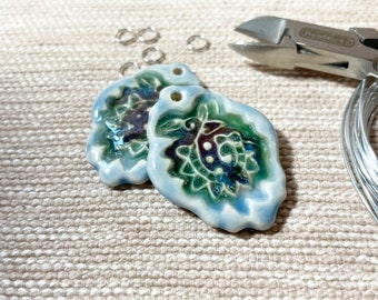 Blue and green artisan charm, handmade ceramic bead,  textured clay, focal bead for jewelry making, necklace pendant