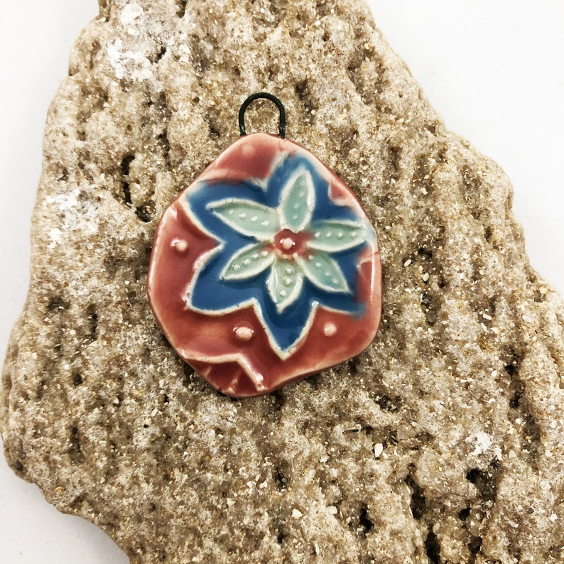 Pink and blue flower artisan charm, handmade ceramic pendant, textured bead, focal bead for jewelry making, necklace pendant image 4